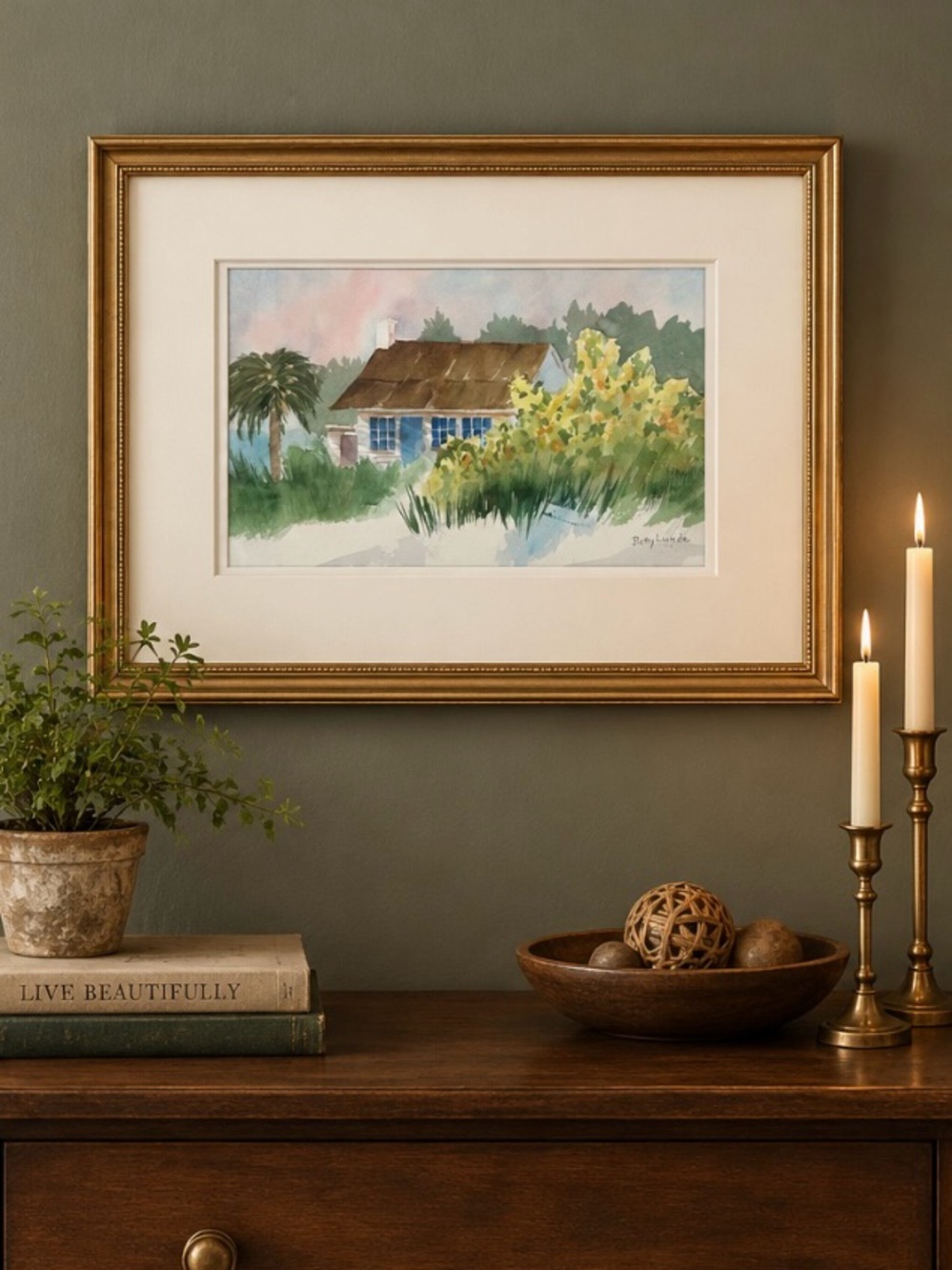 Original Matted Watercolor Painting House & Palm Tree Signed Betty Lunde 16 x 12